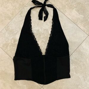 Uncooyee Black Lace Halter Top XL Plunge Floral Whimsigoth Witchy Vamp Clubbing